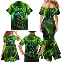 Grim Reaper and Dartboard Darts Family Matching Mermaid Dress and Hawaiian Shirt with Green Lightning Background and Custom Team Name - Wonder Print Shop