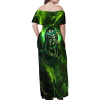 Grim Reaper and Dartboard Darts Family Matching Off Shoulder Maxi Dress and Hawaiian Shirt with Green Lightning Background and Custom Team Name - Wonder Print Shop