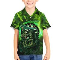 Grim Reaper and Dartboard Darts Family Matching Off Shoulder Maxi Dress and Hawaiian Shirt with Green Lightning Background and Custom Team Name - Wonder Print Shop
