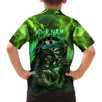 Grim Reaper and Dartboard Darts Family Matching Puletasi and Hawaiian Shirt with Green Lightning Background and Custom Team Name - Wonder Print Shop