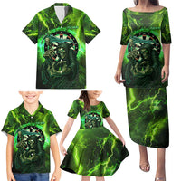 Grim Reaper and Dartboard Darts Family Matching Puletasi and Hawaiian Shirt with Green Lightning Background and Custom Team Name - Wonder Print Shop