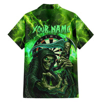 Grim Reaper and Dartboard Darts Family Matching Puletasi and Hawaiian Shirt with Green Lightning Background and Custom Team Name - Wonder Print Shop