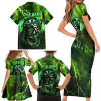 Grim Reaper and Dartboard Darts Family Matching Short Sleeve Bodycon Dress and Hawaiian Shirt with Green Lightning Background and Custom Team Name - Wonder Print Shop