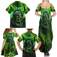 Grim Reaper and Dartboard Darts Family Matching Summer Maxi Dress and Hawaiian Shirt with Green Lightning Background and Custom Team Name - Wonder Print Shop