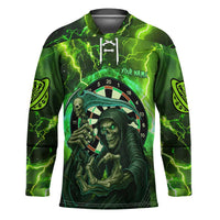 Grim Reaper and Dartboard Darts Hockey Jersey with Green Lightning Background and Custom Team Name - Wonder Print Shop