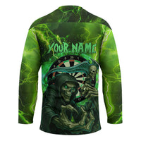 Grim Reaper and Dartboard Darts Hockey Jersey with Green Lightning Background and Custom Team Name - Wonder Print Shop