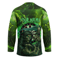 Grim Reaper and Dartboard Darts Hockey Jersey with Green Lightning Background and Custom Team Name - Wonder Print Shop