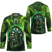 Grim Reaper and Dartboard Darts Hockey Jersey with Green Lightning Background and Custom Team Name - Wonder Print Shop