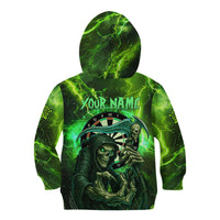 Grim Reaper and Dartboard Darts Kid Hoodie with Green Lightning Background and Custom Team Name - Wonder Print Shop