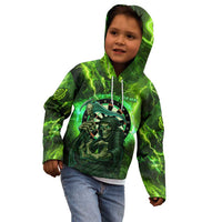 Grim Reaper and Dartboard Darts Kid Hoodie with Green Lightning Background and Custom Team Name - Wonder Print Shop