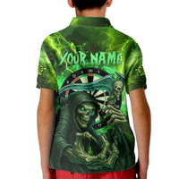 Grim Reaper and Dartboard Darts Kid Polo Shirt with Green Lightning Background and Custom Team Name - Wonder Print Shop