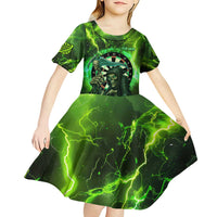 Grim Reaper and Dartboard Darts Kid Short Sleeve Dress with Green Lightning Background and Custom Team Name - Wonder Print Shop