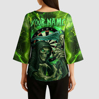 Grim Reaper and Dartboard Darts Kimono Sleeve Blouse with Green Lightning Background and Custom Team Name - Wonder Print Shop