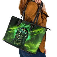 Grim Reaper and Dartboard Darts Leather Tote Bag with Green Lightning Background and Custom Team Name - Wonder Print Shop