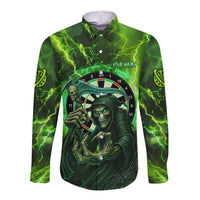 Grim Reaper and Dartboard Darts Long Sleeve Button Shirt with Green Lightning Background and Custom Team Name - Wonder Print Shop