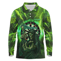 Grim Reaper and Dartboard Darts Long Sleeve Polo Shirt with Green Lightning Background and Custom Team Name - Wonder Print Shop