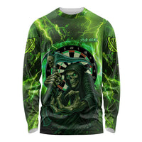 Grim Reaper and Dartboard Darts Long Sleeve Shirt with Green Lightning Background and Custom Team Name - Wonder Print Shop