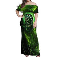 Grim Reaper and Dartboard Darts Off Shoulder Maxi Dress with Green Lightning Background and Custom Team Name - Wonder Print Shop