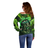Grim Reaper and Dartboard Darts Off Shoulder Sweater with Green Lightning Background and Custom Team Name - Wonder Print Shop