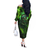 Grim Reaper and Dartboard Darts Off The Shoulder Long Sleeve Dress with Green Lightning Background and Custom Team Name - Wonder Print Shop