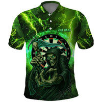 Grim Reaper and Dartboard Darts Polo Shirt with Green Lightning Background and Custom Team Name - Wonder Print Shop