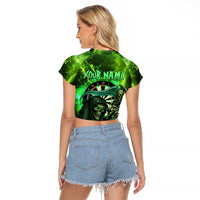 Grim Reaper and Dartboard Darts Raglan Cropped T Shirt with Green Lightning Background and Custom Team Name - Wonder Print Shop