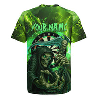 Grim Reaper and Dartboard Darts Rugby Jersey with Green Lightning Background and Custom Team Name - Wonder Print Shop