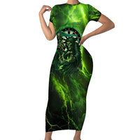 Grim Reaper and Dartboard Darts Short Sleeve Bodycon Dress with Green Lightning Background and Custom Team Name - Wonder Print Shop