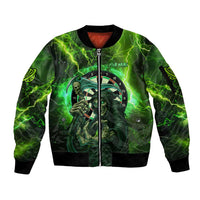 Grim Reaper and Dartboard Darts Sleeve Zip Bomber Jacket with Green Lightning Background and Custom Team Name - Wonder Print Shop