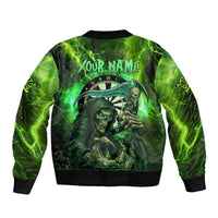 Grim Reaper and Dartboard Darts Sleeve Zip Bomber Jacket with Green Lightning Background and Custom Team Name - Wonder Print Shop