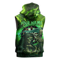 Grim Reaper and Dartboard Darts Sleeveless Hoodie with Green Lightning Background and Custom Team Name - Wonder Print Shop