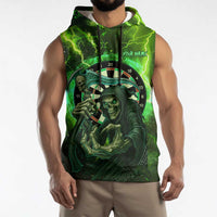 Grim Reaper and Dartboard Darts Sleeveless Hoodie with Green Lightning Background and Custom Team Name - Wonder Print Shop