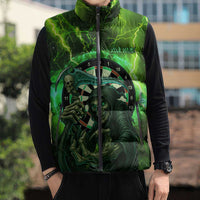 Grim Reaper and Dartboard Darts Sleeveless Puffer Jacket with Green Lightning Background and Custom Team Name - Wonder Print Shop
