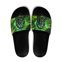 Grim Reaper and Dartboard Darts Slide Sandals with Green Lightning Background and Custom Team Name - Wonder Print Shop