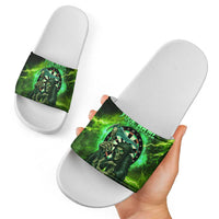 Grim Reaper and Dartboard Darts Slide Sandals with Green Lightning Background and Custom Team Name - Wonder Print Shop