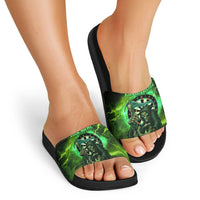 Grim Reaper and Dartboard Darts Slide Sandals with Green Lightning Background and Custom Team Name - Wonder Print Shop