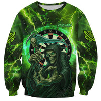 Grim Reaper and Dartboard Darts Sweatshirt with Green Lightning Background and Custom Team Name - Wonder Print Shop