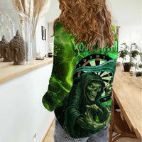Grim Reaper and Dartboard Darts Women Casual Shirt with Green Lightning Background and Custom Team Name - Wonder Print Shop