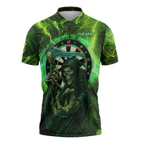 Grim Reaper and Dartboard Darts Zipper Polo Shirt with Green Lightning Background and Custom Team Name - Wonder Print Shop