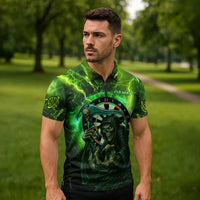 Grim Reaper and Dartboard Darts Zipper Polo Shirt with Green Lightning Background and Custom Team Name - Wonder Print Shop