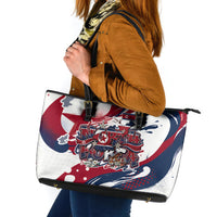 North Korea Flag Day Rise With The Flag Leather Tote Bag Dynamic Red Star Paint Splatter With Tiger