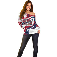North Korea Flag Day Rise With The Flag Off Shoulder Sweater Dynamic Red Star Paint Splatter With Tiger