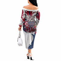 North Korea Flag Day Rise With The Flag Off The Shoulder Long Sleeve Dress Dynamic Red Star Paint Splatter With Tiger