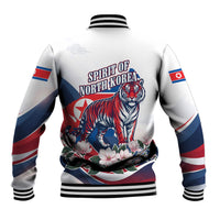 North Korea Flag Day Spirit Of North Korea Baseball Jacket Flying Crane Graphic With Tiger Portrait And Magnolia Flowers