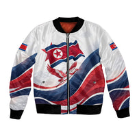 North Korea Flag Day Spirit Of North Korea Bomber Jacket Flying Crane Graphic With Tiger Portrait And Magnolia Flowers