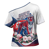 North Korea Flag Day Spirit Of North Korea Cross Shoulder Shirt Flying Crane Graphic With Tiger Portrait And Magnolia Flowers