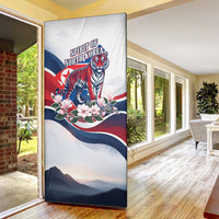 North Korea Flag Day Spirit Of North Korea Door Cover Flying Crane Graphic With Tiger Portrait And Magnolia Flowers