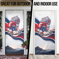 North Korea Flag Day Spirit Of North Korea Door Cover Flying Crane Graphic With Tiger Portrait And Magnolia Flowers