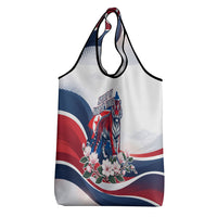 North Korea Flag Day Spirit Of North Korea Grocery Bag Flying Crane Graphic With Tiger Portrait And Magnolia Flowers