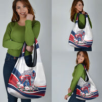North Korea Flag Day Spirit Of North Korea Grocery Bag Flying Crane Graphic With Tiger Portrait And Magnolia Flowers